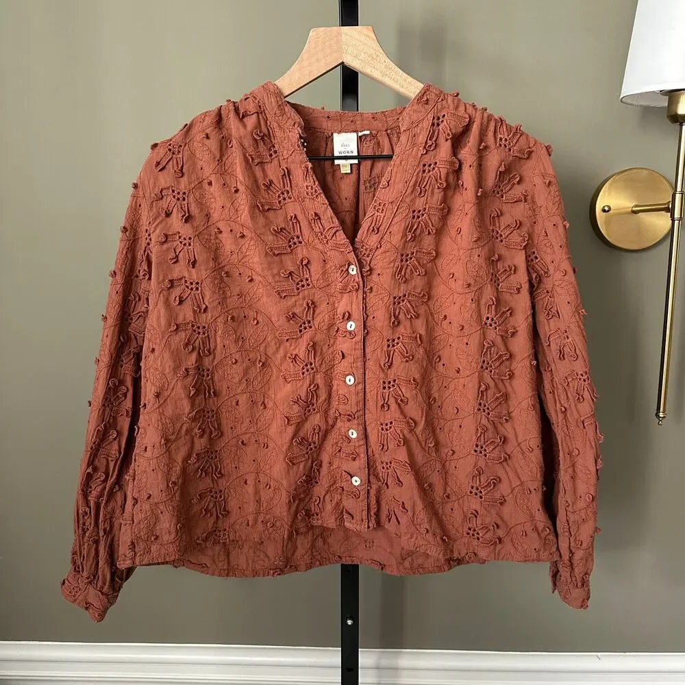 Anthropologie Seen Worn Kept Brown Eyelet Button Down Size 8 - Picture 2 of 6